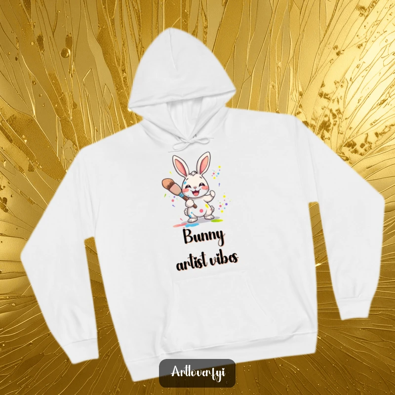 Funny Rabbit Artist Hoodie: Joyful rabbit character artist splattering bright paint colors with a large paintbrush, looking happy.