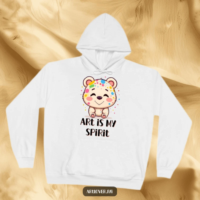 Funny Hoodie: A smiling bear artist with paint smudges on its nose and fur, radiating warmth and creativity, great funny gift.