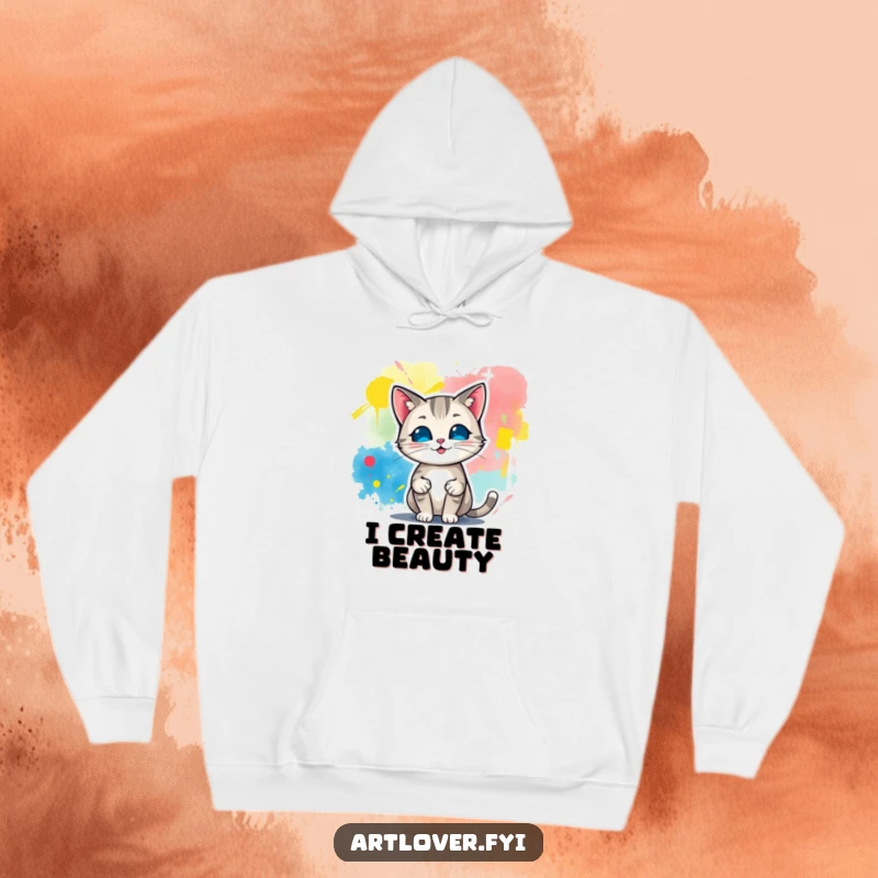 Funny hoodie showcasing a cat artist standing proudly beside its bold and vibrant abstract painting, radiating artistic confidence and warmth.