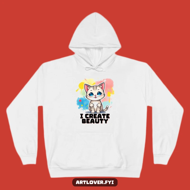 Cozy Funny Cat Artist Hoodie, Abstract Art Display, Warm and Humorous