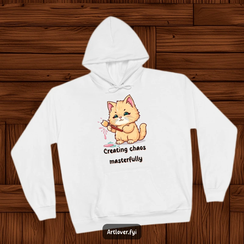 Funny hoodie featuring a fluffy cat holding a paintbrush, surrounded by vibrant paint splatters.
