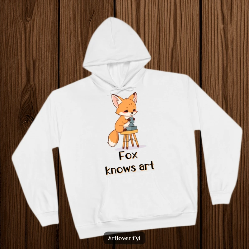 Funny Fox Art Critic Hoodie: A curious fox contemplating a sculpture makes for a humorous and cozy apparel item.