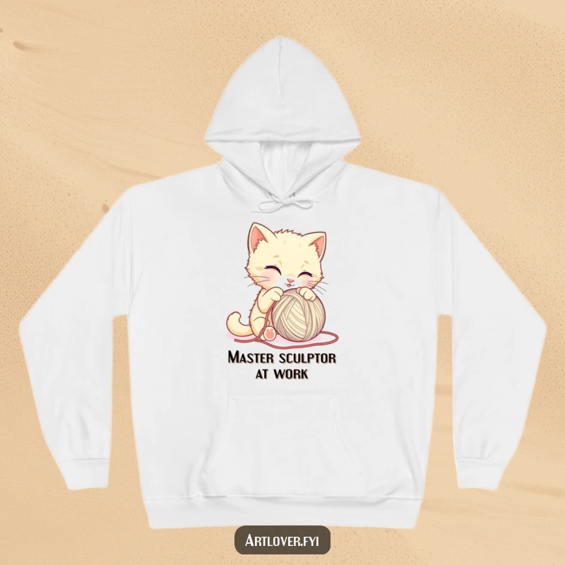 Funny kitten hoodie, a cute cat enthusiastically attempting to sculpt a ball of yarn, perfect for cozy and comical wear.