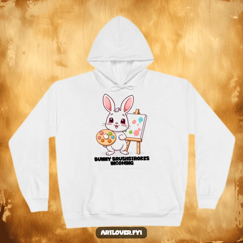 Funny rabbit hoodie with a playful bunny artist holding a palette, adding paint to a canvas, perfect for cozy creativity.