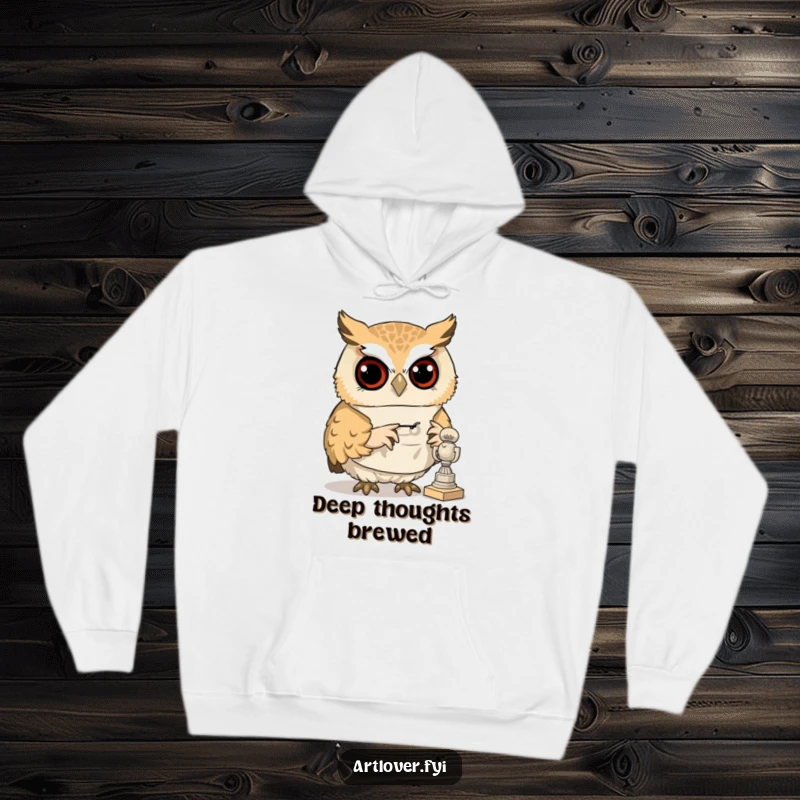 Funny art owl hoodie with a smock, curiously inspecting a tiny sculpture, embodying a studious and artistic night owl.