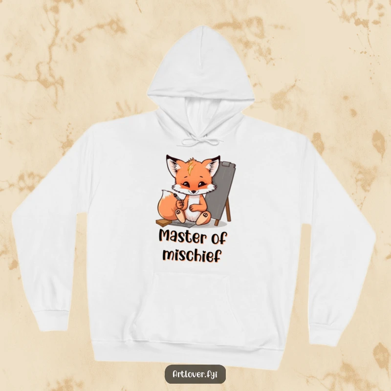 Funny fox cub hoodie, depicting a mischievous cub sketching with charcoal, a warm and cozy piece for aspiring artists.