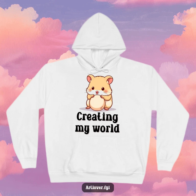 Funny Hamster Sculptor Hoodie showing a cute hamster focused on sculpting clay, offering warmth and whimsical fun.