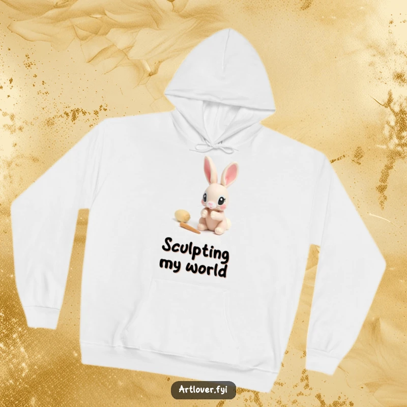 Funny hoodie of a rabbit with determined eyes carefully sculpting a small clay figure, celebrating focused artistic effort.
