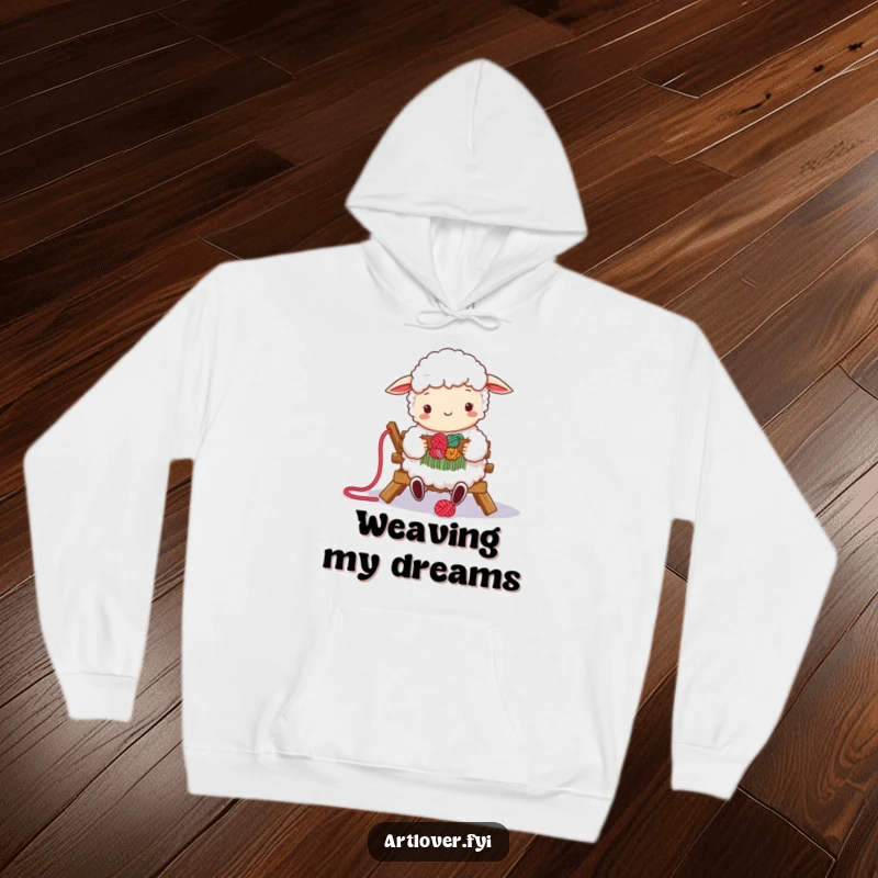 Funny hoodie featuring a fluffy sheep happily weaving colorful yarn on a loom, radiating cozy crafting vibes and warmth.