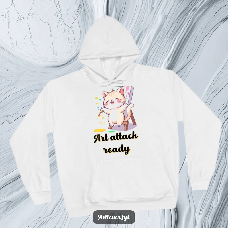 Funny cat hoodie featuring a joyful artist cat splattering vibrant paint on a canvas. Cozy and humorous apparel for creative souls.