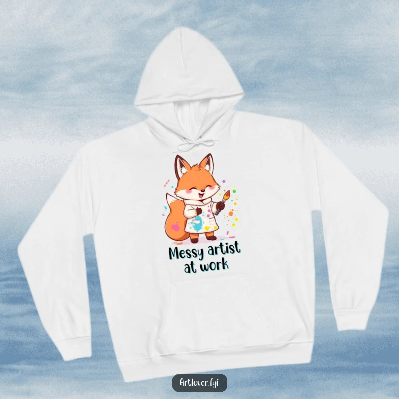 Funny hoodie with a cute fox artist splattering paint, offering warmth and a creative theme. A cozy, artistic present.