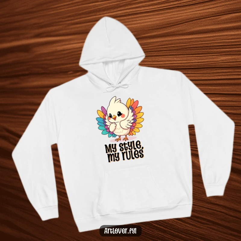 Funny hoodie showing a content bird character humming while it thoughtfully arranges a beautiful assortment of colorful feathers, a cozy art piece.