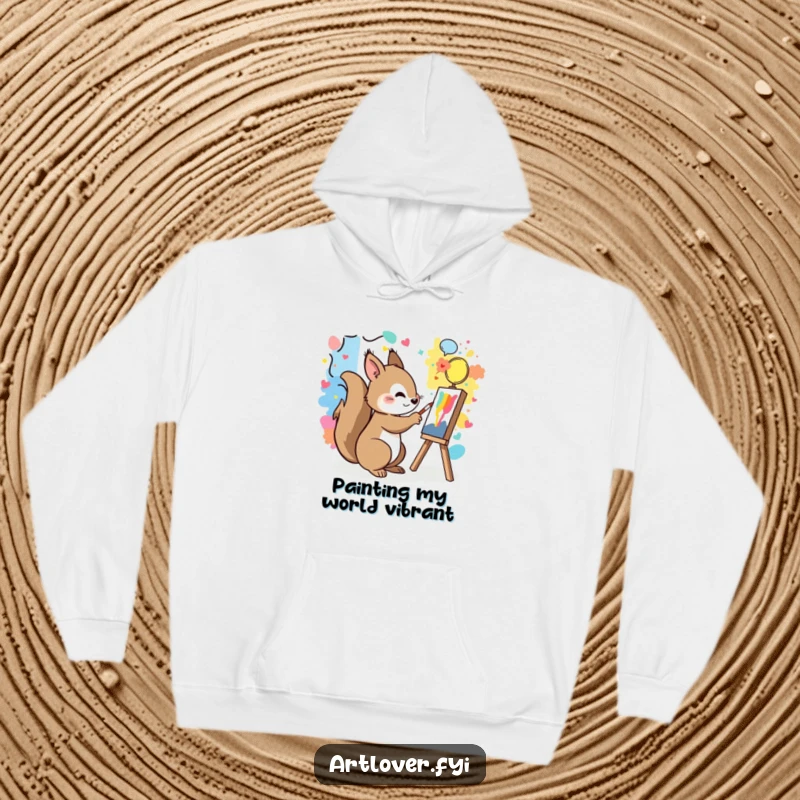 Funny hoodie featuring a playful squirrel painting a colorful mural with a cheerful expression.
