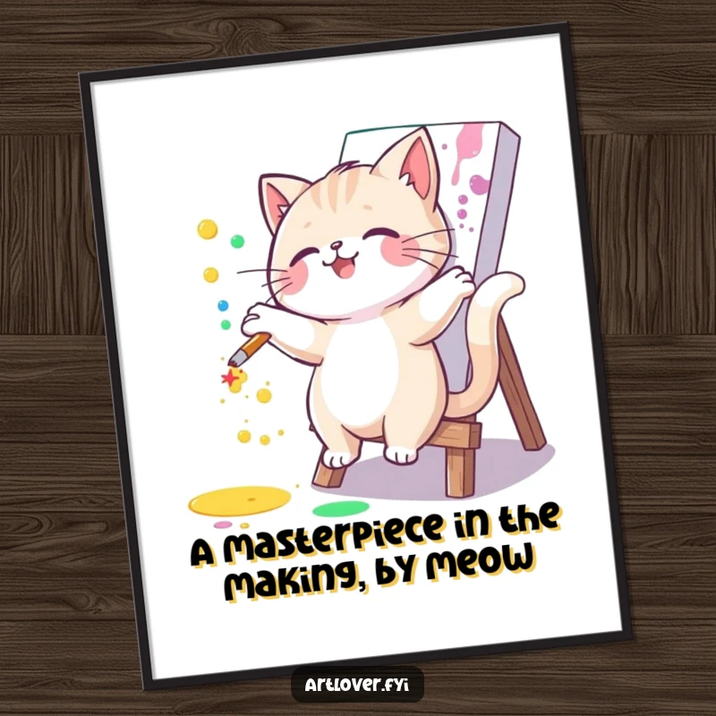 Artistic Free Printable Wall Art of a cat joyfully splattering colorful paint onto a blank canvas.