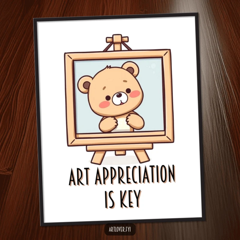 Funny Free Printable Wall Art: Smiling bear cub with a sigh admiring a framed painting, appreciating art, downloadable decor.