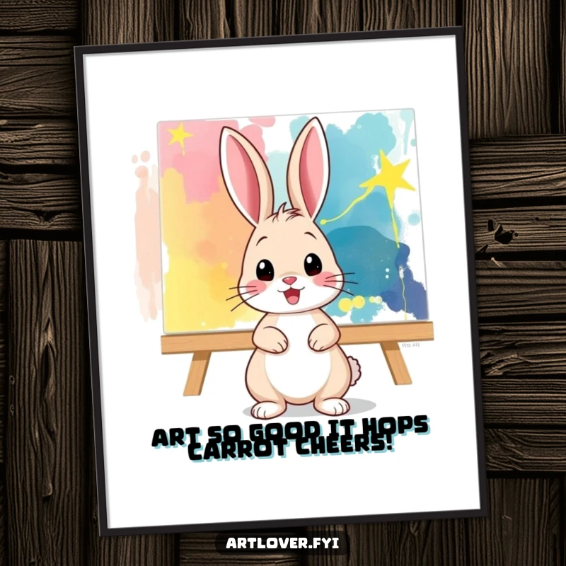 Funny Free Printable Wall Art: A playful bunny artist poses confidently before a bright, abstract canvas, radiating cool.