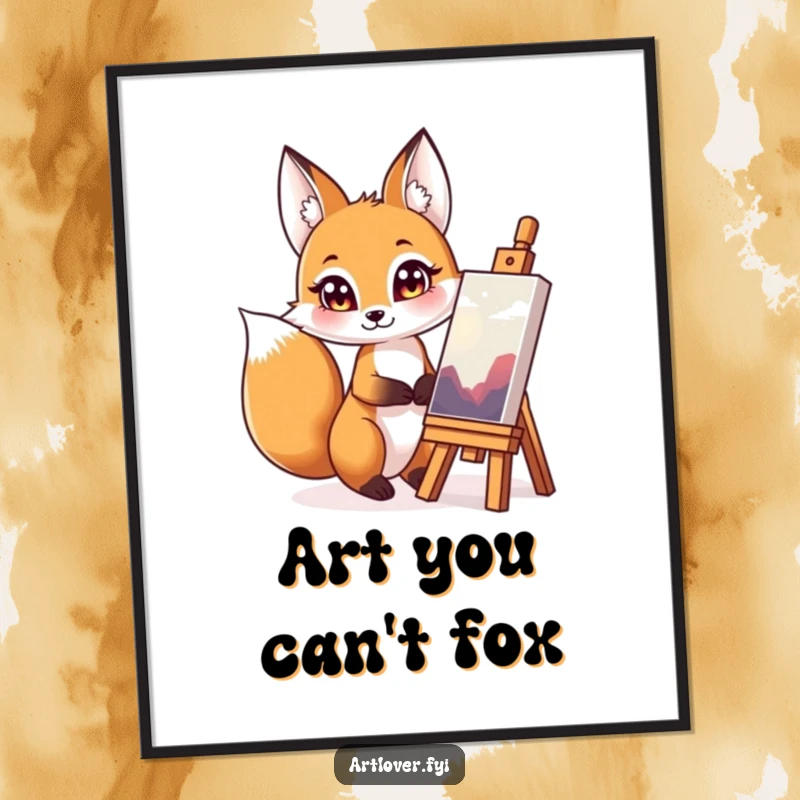 Funny Free Printable Wall Art: Curious fox with bright eyes admiring a finished masterpiece, bringing artistic charm to any room.