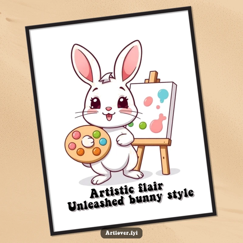 Funny Free Printable Wall Art: Playful rabbit with palette, dabbing vibrant paint onto a canvas, bringing artistic fun home.