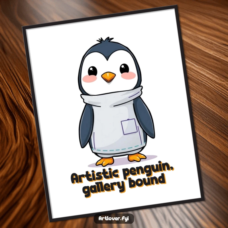 Funny Free Printable Wall Art: A whimsical penguin artist in a paint-splattered smock, creating a colorful abstract piece, perfect for art lovers.