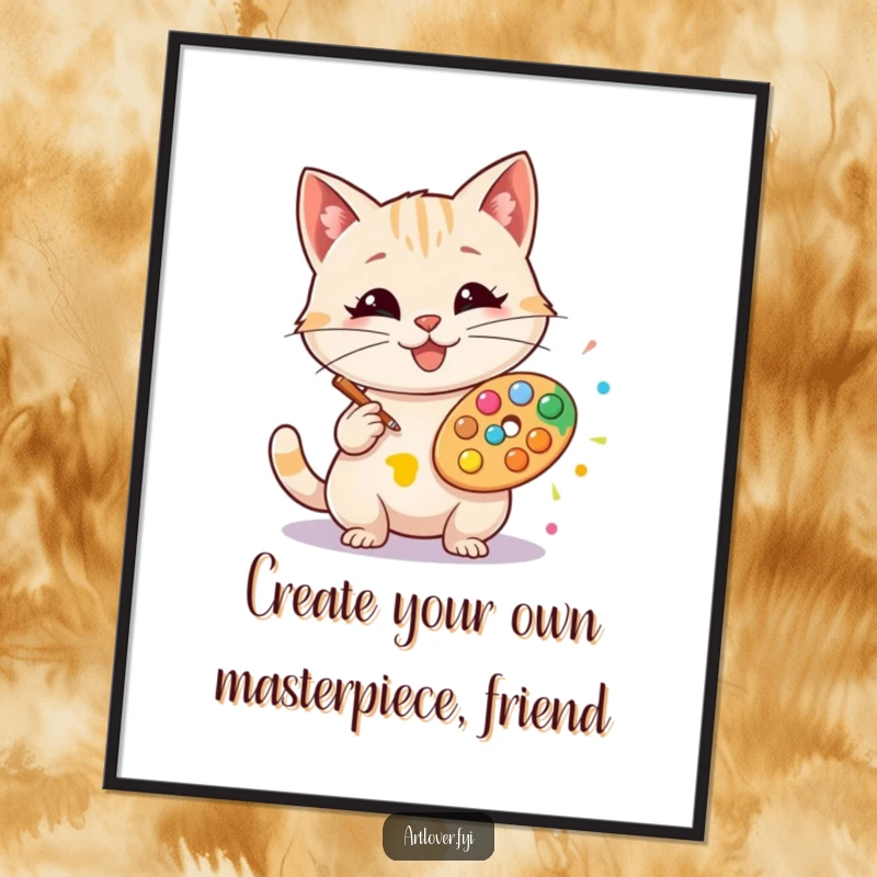 Funny Free Printable Wall Art of a happy cat wearing a smock and holding a palette, creating a colorful paint splat.