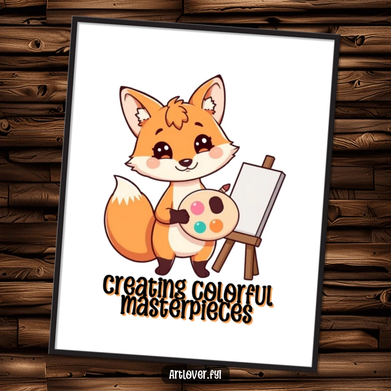 Funny Free Printable Fox Artist Wall Art - A playful fox holding a palette smeared with colorful paints and a brush, ready to create.