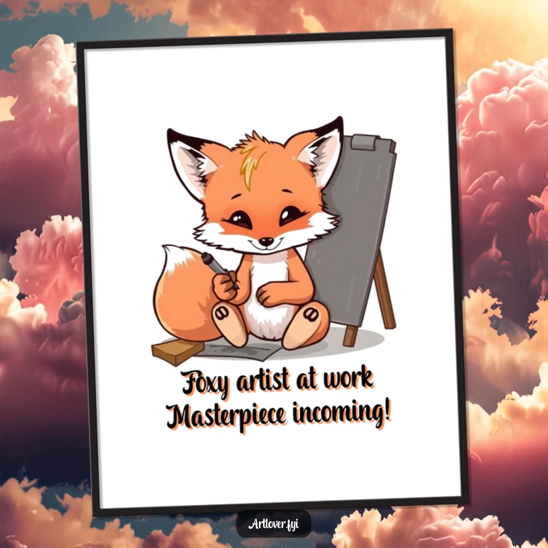 Funny Free Printable Wall Art: Mischievous fox cub artist sketching charcoal on an easel, a humorous addition to any room.