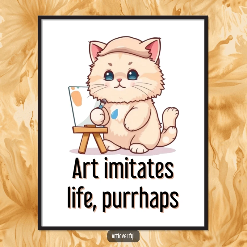 Funny Free Printable Cat Artist Wall Art: A fluffy cat in a beret, skillfully dabbing paint onto a canvas with artistic focus.