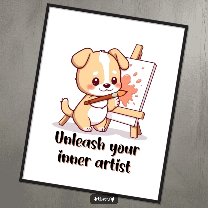 Funny Free Printable Wall Art: A cute dog character is actively splashing colorful paint onto a canvas with a brush, creating a masterpiece.