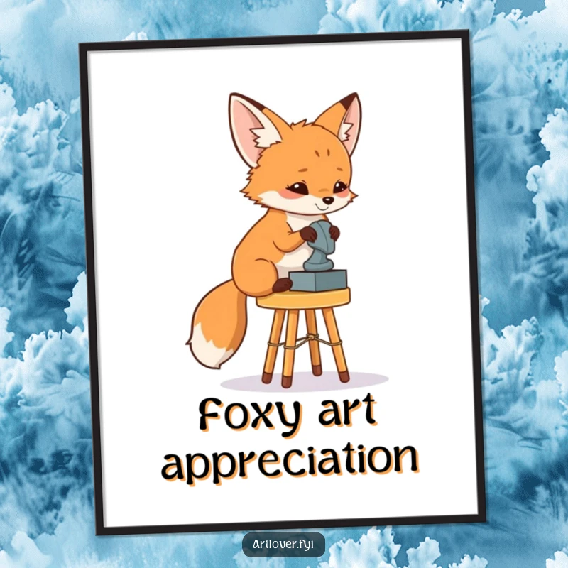 Funny Free Printable Fox Art Critic Wall Art: A curious fox sitting on a stool, contemplating a piece of abstract sculpture.