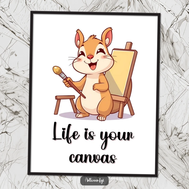 Funny Free Printable Wall Art: Delighted squirrel artist holding paintbrush, looking at canvas, creating art, downloadable decor.