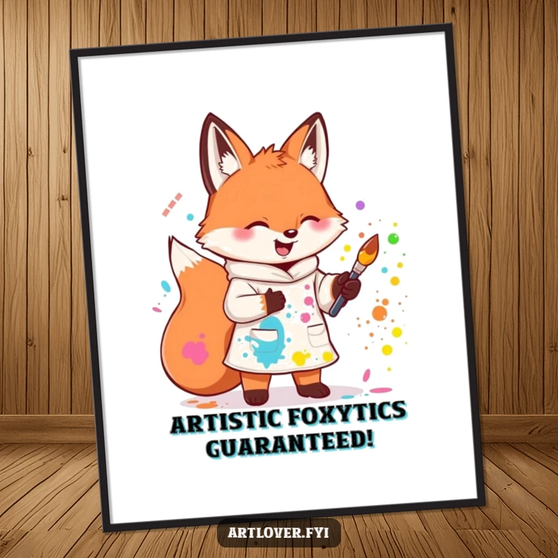 Funny Free Printable Wall Art: A cute fox in a smock happily splattering colorful paint, a vibrant downloadable decor piece.