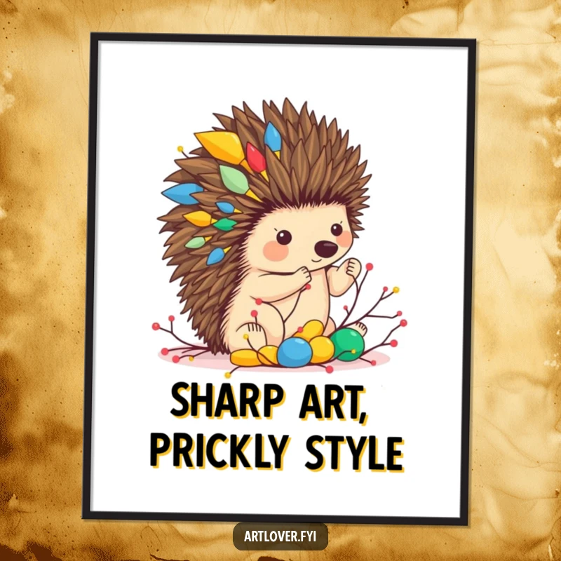 Funny Free Printable Wall Art: Creative hedgehog character uses twigs to build a colorful, abstract, and delightful sculpture.