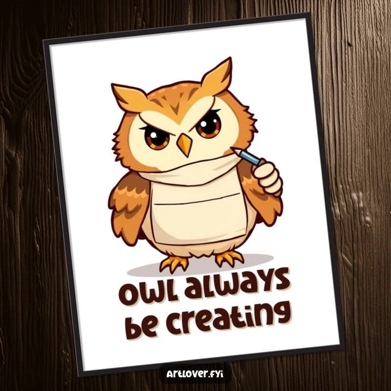 Funny Free Printable Wall Art: Determined owl character wearing a smock draws with intense concentration, showcasing artistic dedication.