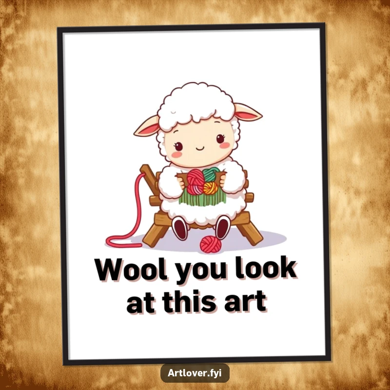 Funny Free Printable Wall Art: Happy fluffy sheep character joyfully weaves colorful yarn on a small loom, creating textured art.