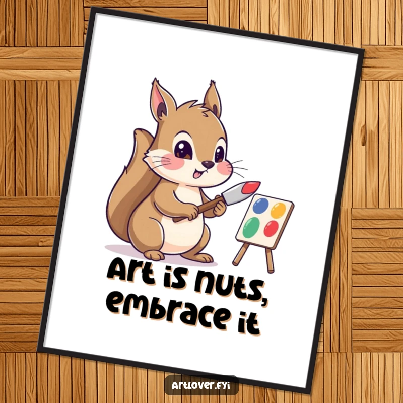 Funny Free Printable Wall Art: Enthusiastic squirrel artist masterfully mixes vibrant colors with a palette knife, creating a masterpiece.
