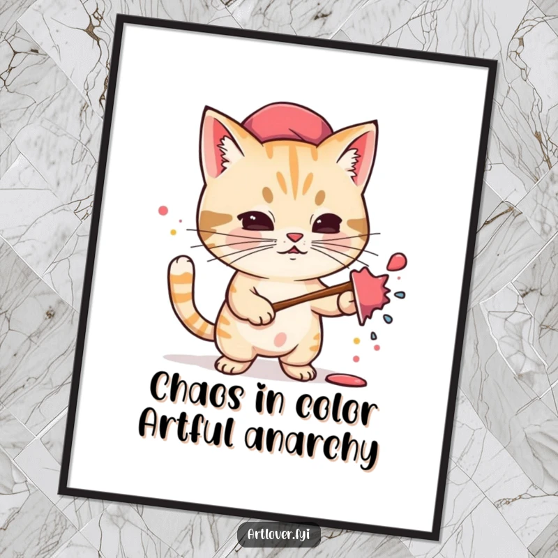 Funny Free Printable Wall Art: Determined cat artist character, beret on, enthusiastically splattering colorful paint on canvas.