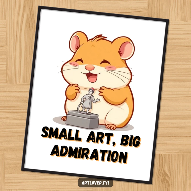 Funny Free Printable Wall Art: Joyful hamster intently admiring a tiny, detailed sculpture, adding a touch of artistic charm.