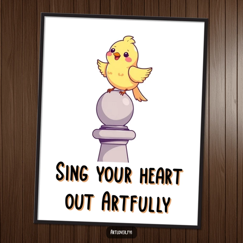 Funny Free Printable Wall Art: Happy bird perched on a decorative sculpture, chirping merrily, bringing cheerful vibes.
