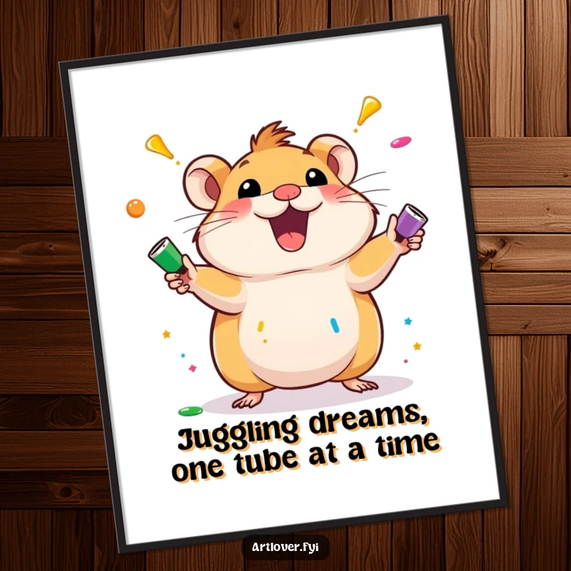 Quirky Free Printable Wall Art of an excited hamster character masterfully juggling colorful paint tubes.