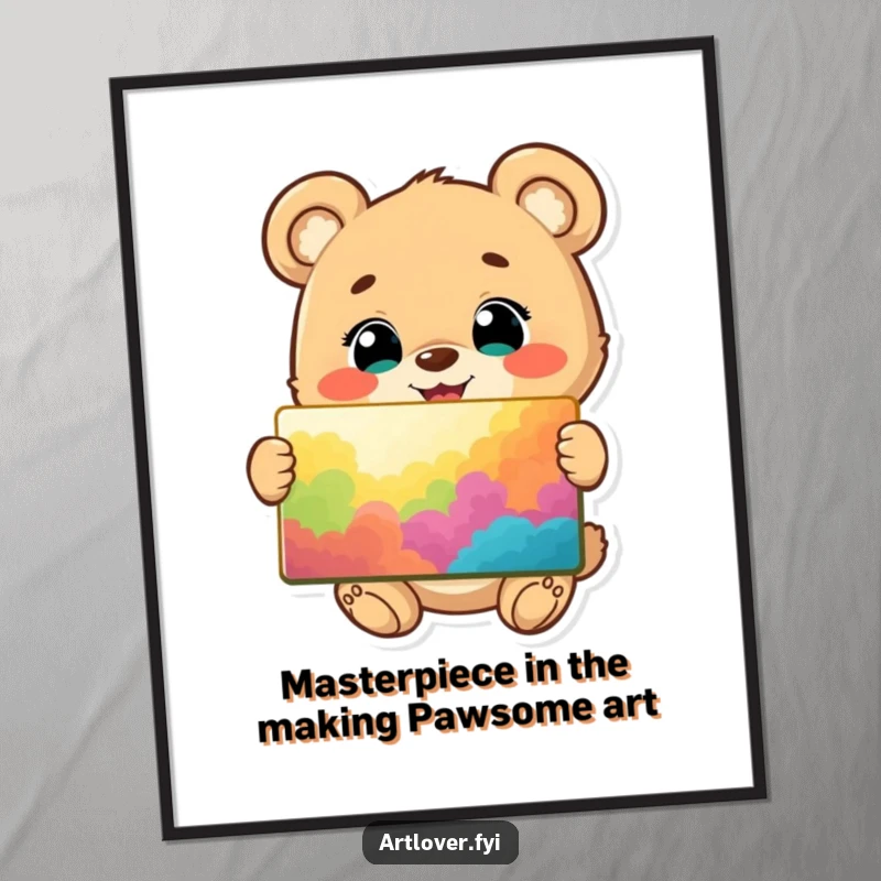 Funny Free Printable Wall Art: A happy bear cub character, eyes gleaming, proudly showcasing a vibrantly colored, self-made painting.