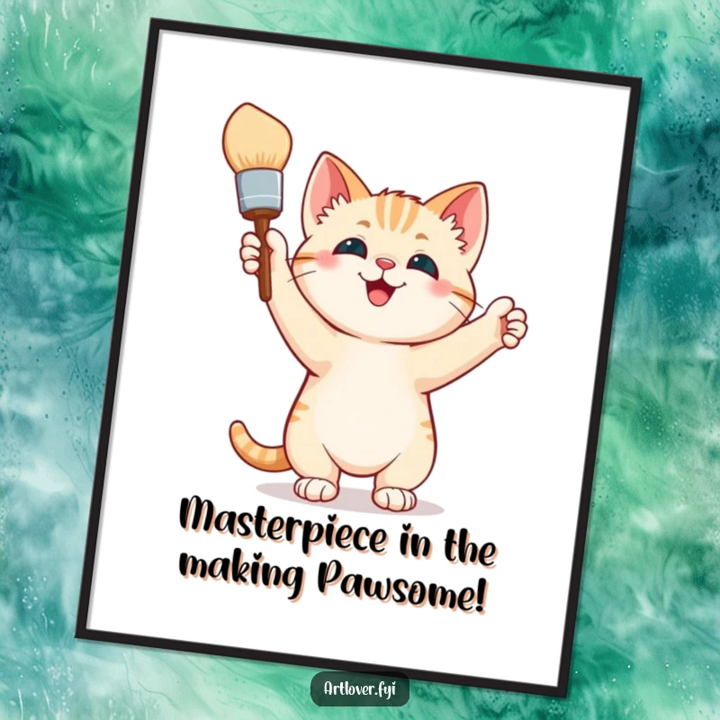 Funny Free Printable Wall Art: A happy kitten artist triumphantly holds up a paintbrush, ready to add color to any room.