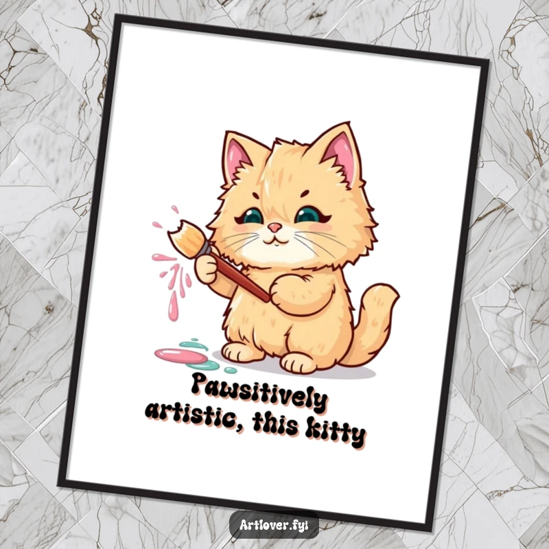 Funny Free Printable Wall Art featuring a fluffy cat holding a paintbrush, creating abstract art with splattered paint.