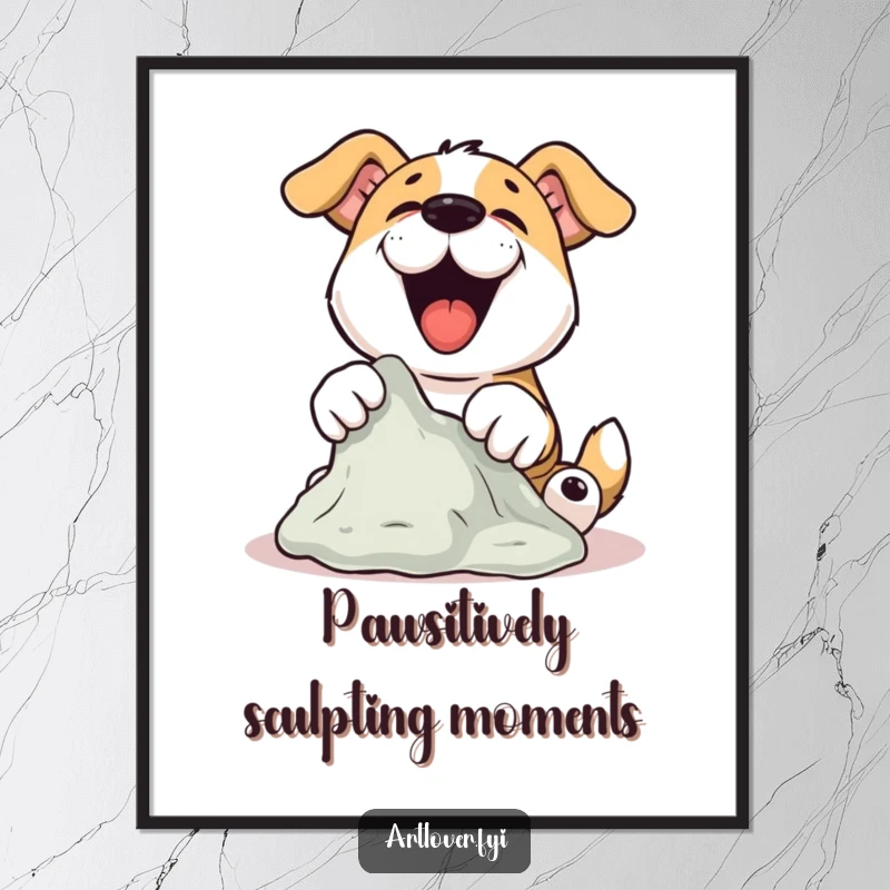 Funny Free Printable Dog Sculptor Wall Art: A talented dog joyfully shapes clay with its paws, creating a unique sculpture.