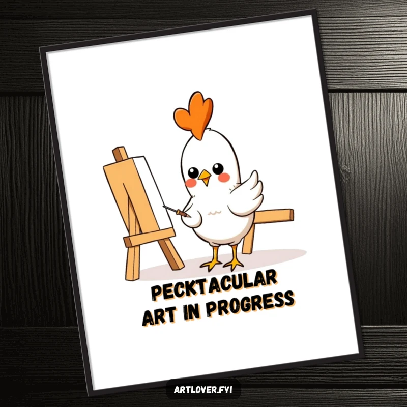 Funny Free Printable Wall Art of a cheerful chicken artist focused on pecking at a canvas.