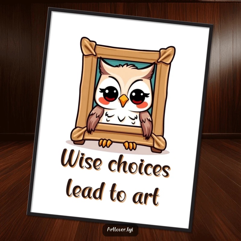 Funny Free Printable Owl Wall Art - A joyful owl with large, intelligent eyes gazing intently at a beautifully framed, abstract masterpiece.