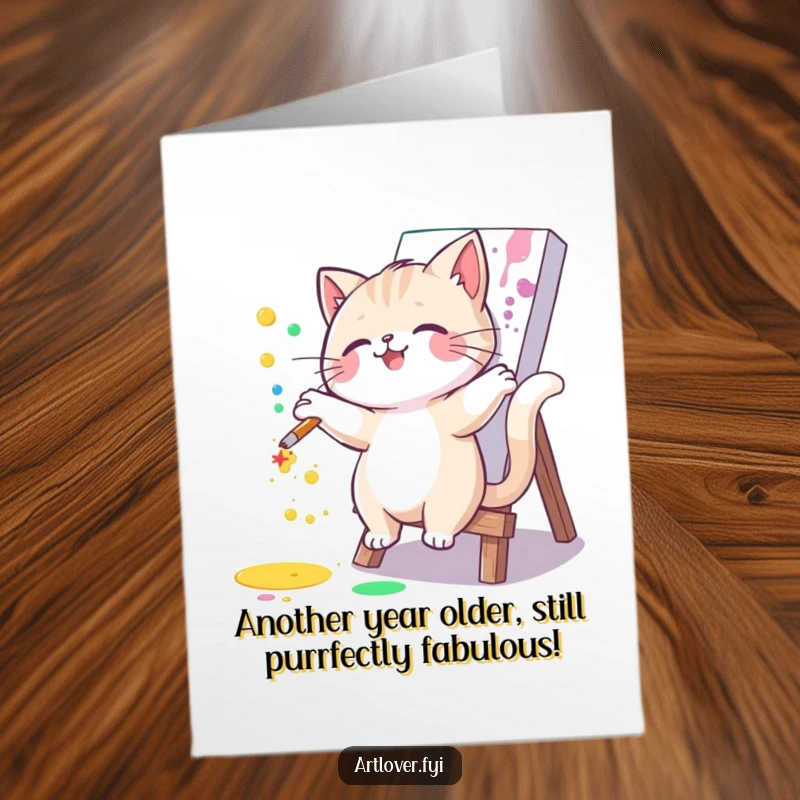 Funny Free Printable Birthday Card with a cat joyfully splattering colorful paint onto a canvas.