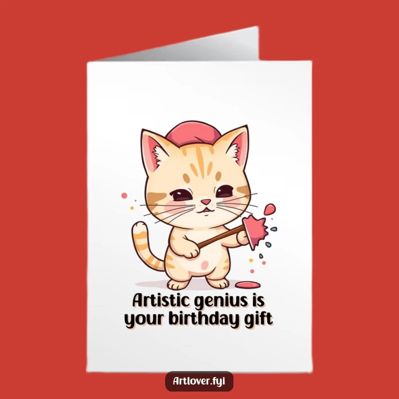 Free Printable Birthday Card: Funny Cat Artist Splattering Paint, DIY Digital Download Gift