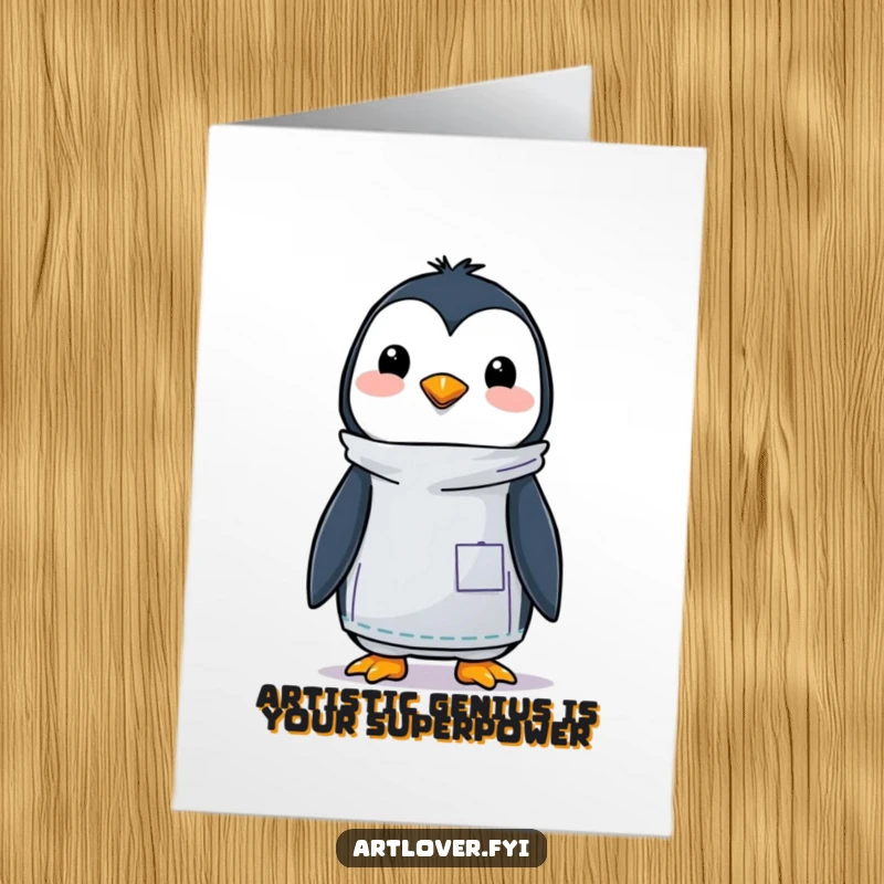 Funny Free Printable Birthday Card: A charming penguin artist in a smock, happily painting a masterpiece for a joyful celebration.