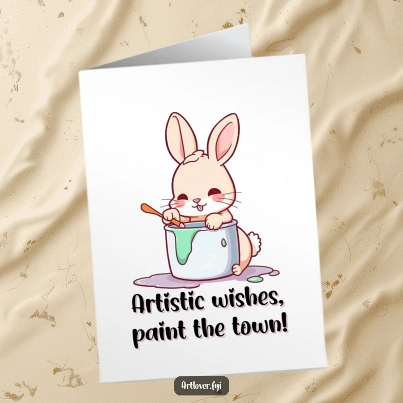 Funny Free Printable Birthday Card: Playful rabbit dipping paw in paint, creating a colorful, hilarious masterpiece for a unique greeting.