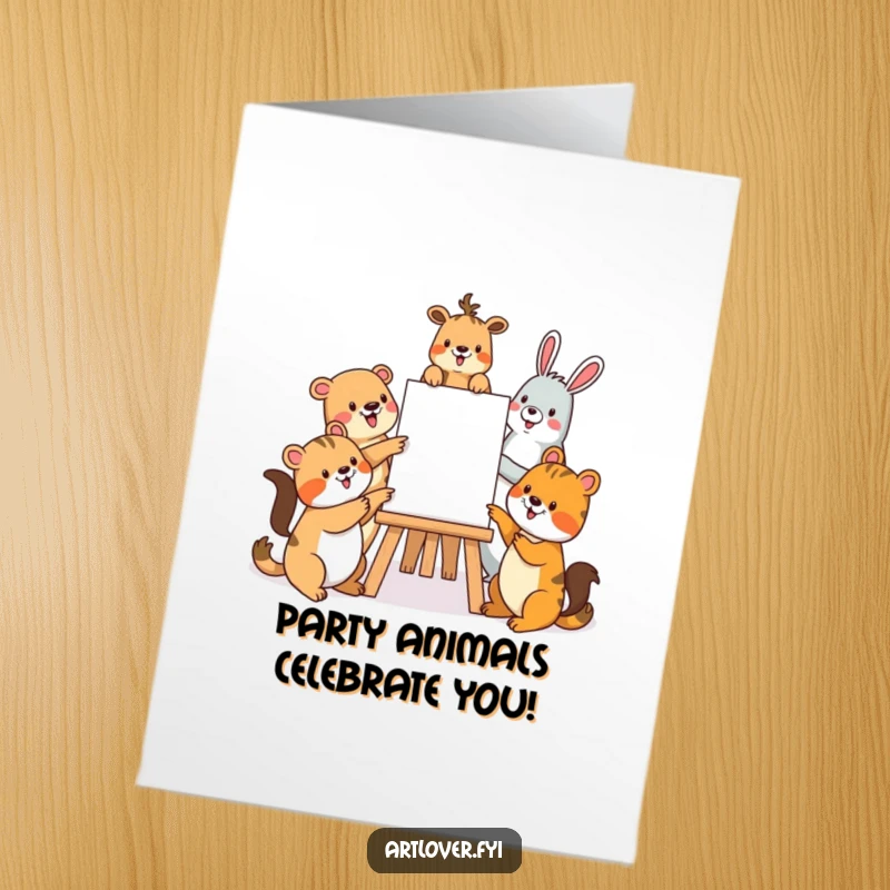 Funny Free Printable Birthday Card: A cheerful group of animals points and smiles around an easel, celebrating a birthday.
